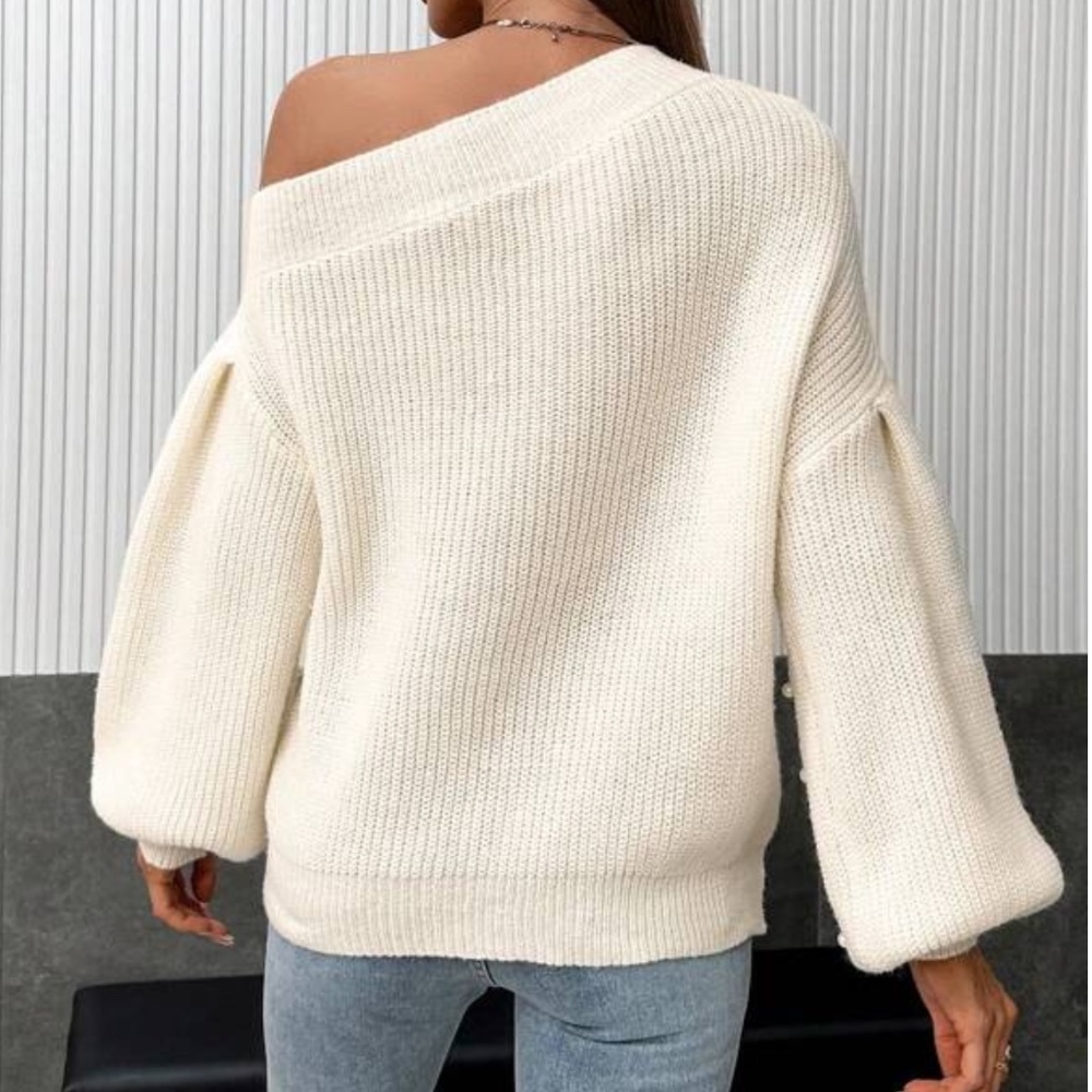 Cozy One Shoulder Faux Pearl Puff Sleeve Sweater top - Picture 4 of 4